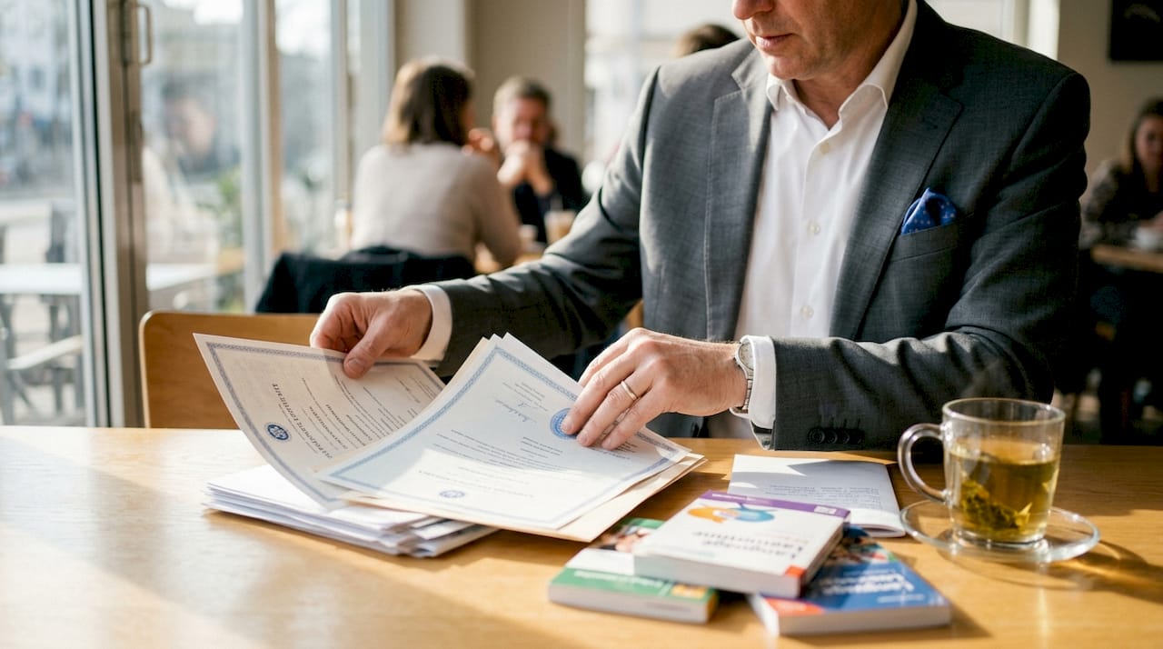 Handen die taaldiploma’s en officiële documenten vasthouden