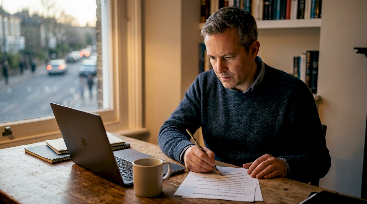 Een zakenman loopt zijn checklist voor formele e-mails na.