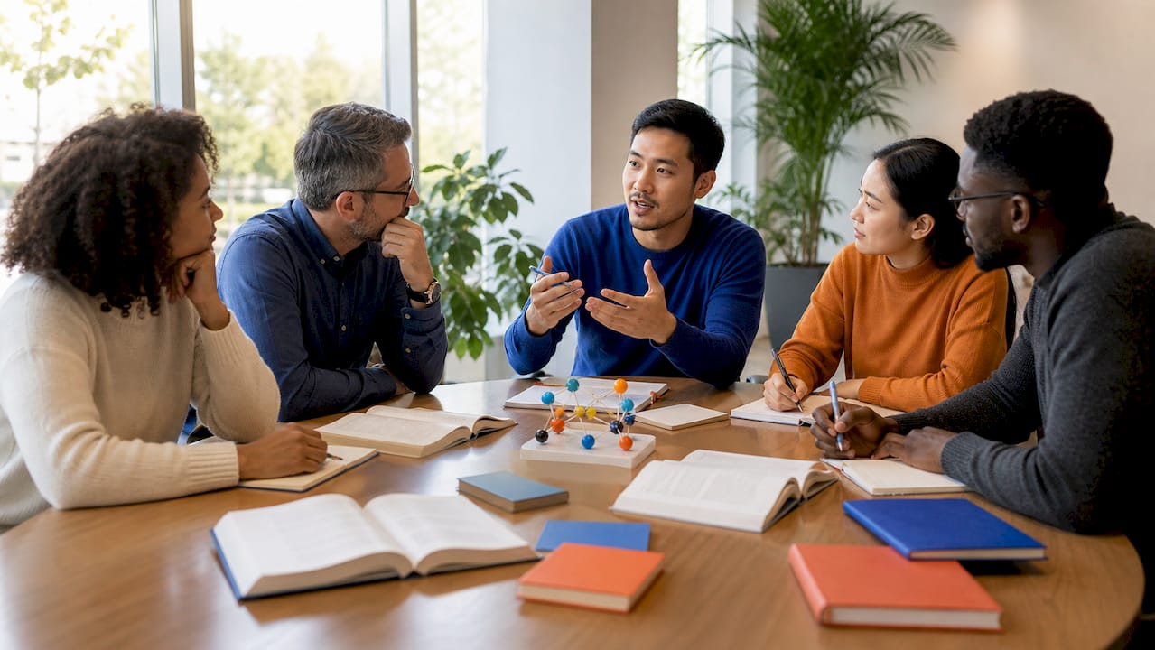 Het team gaat in gesprek over hoe ze effectief kunnen samenwerken met collega’s uit verschillende culturen.