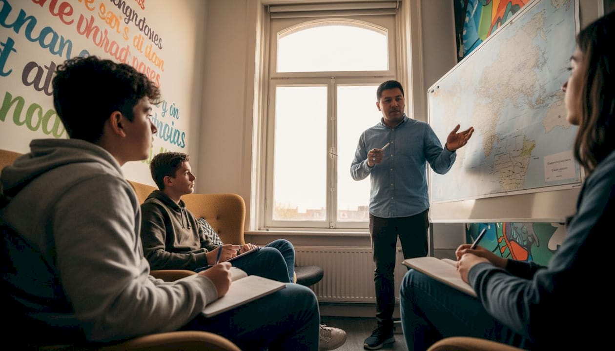 Een docent die de moedertaal spreekt, legt de lesstof helder uit aan de klas.