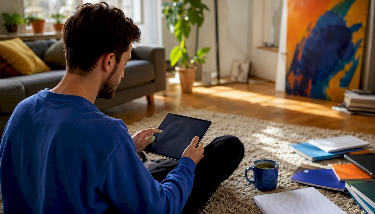 Een jonge man volgt online lessen aan de keukentafel.