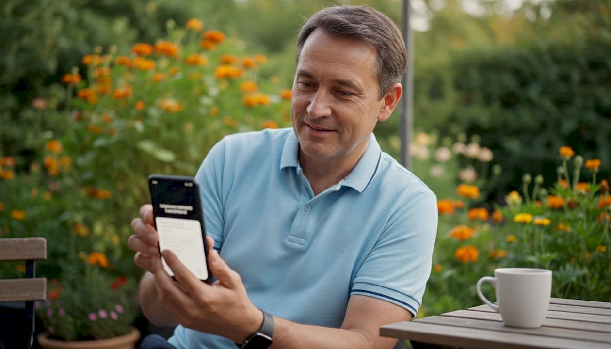 Een man zit relaxed in een fauteuil en is bezig met een taalapp op zijn smartphone.