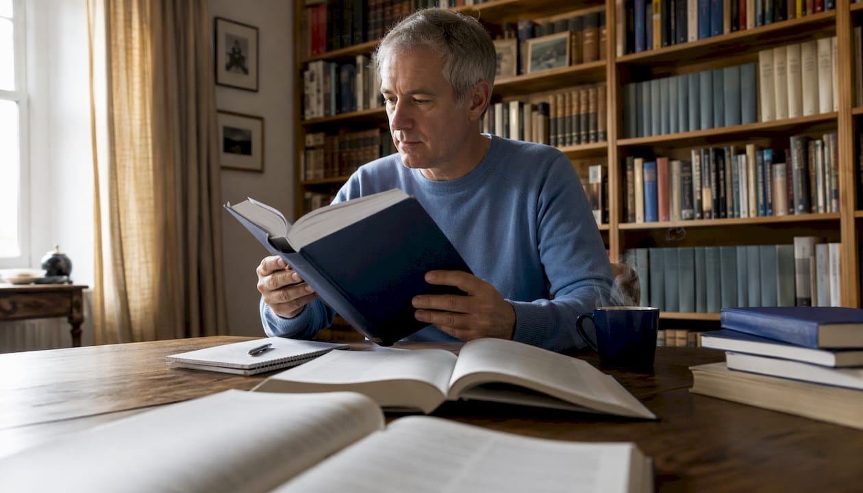 Een man verdiept zich in vakliteratuur in een rustig hoekje van de bibliotheek.