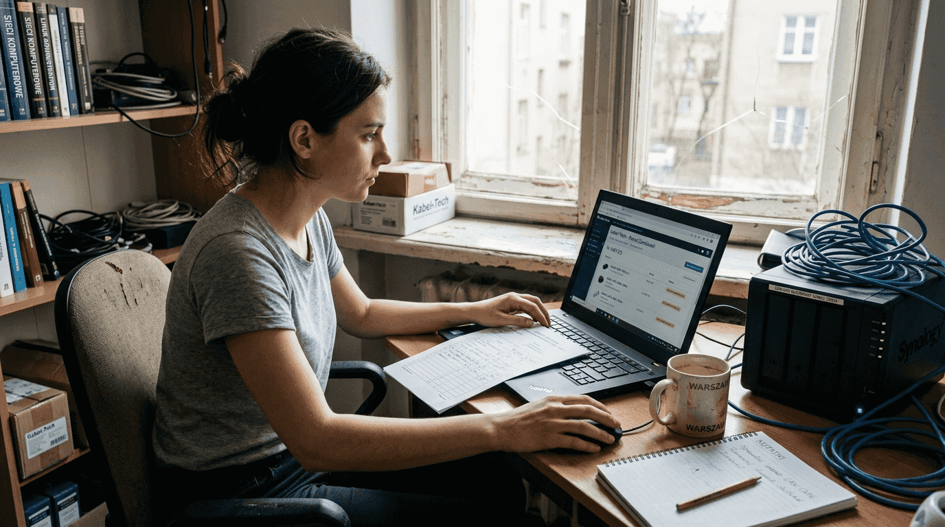 Specjalista ds. e-commerce czuwa nad integracją systemów, pracując przy swoim biurku.