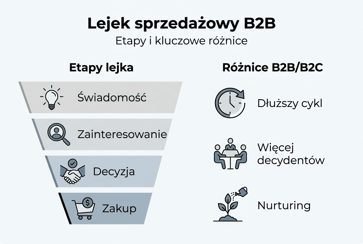 Infografika przedstawiająca poszczególne etapy lejka sprzedażowego w modelu B2B