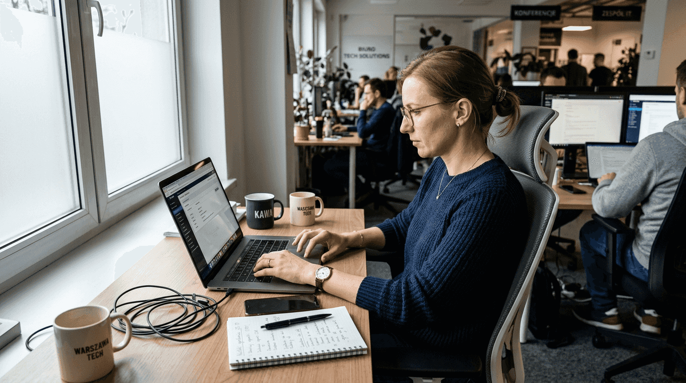 Przy biurku kobieta zastanawia się, które narzędzie CRM będzie dla niej najlepsze.