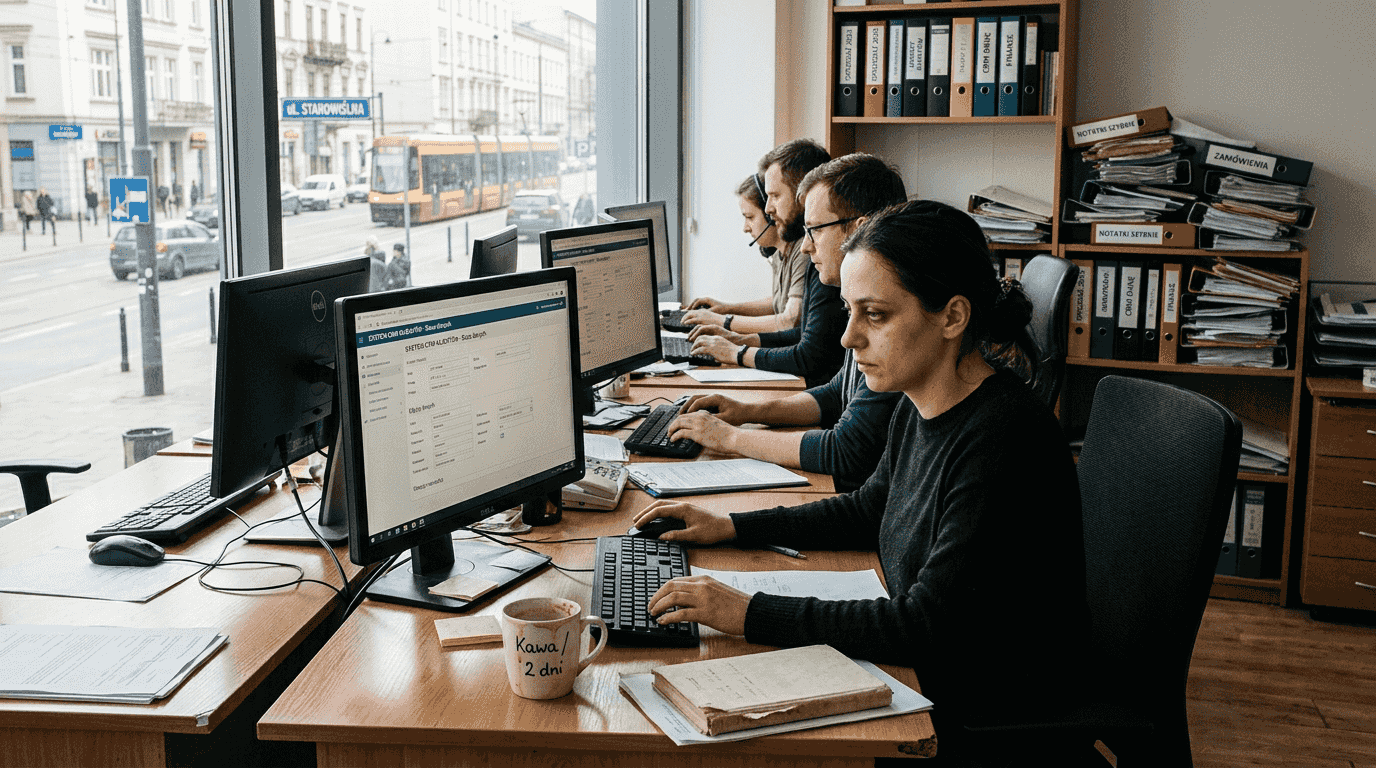 Handlowcy pracujący w CRM przy biurkach