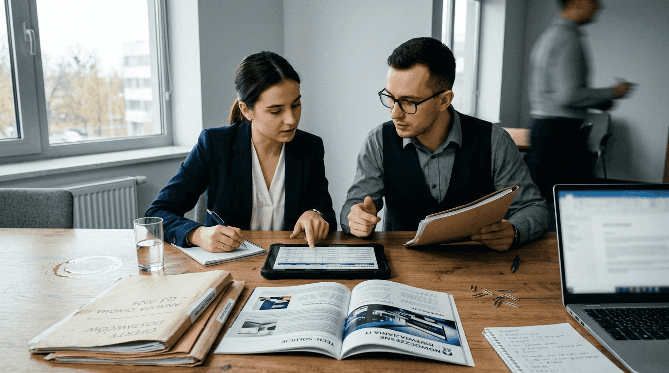 Kadra zarządzająca dokładnie przygląda się ofertom partnerów biznesowych, aby wybrać najlepsze rozwiązania dla firmy.