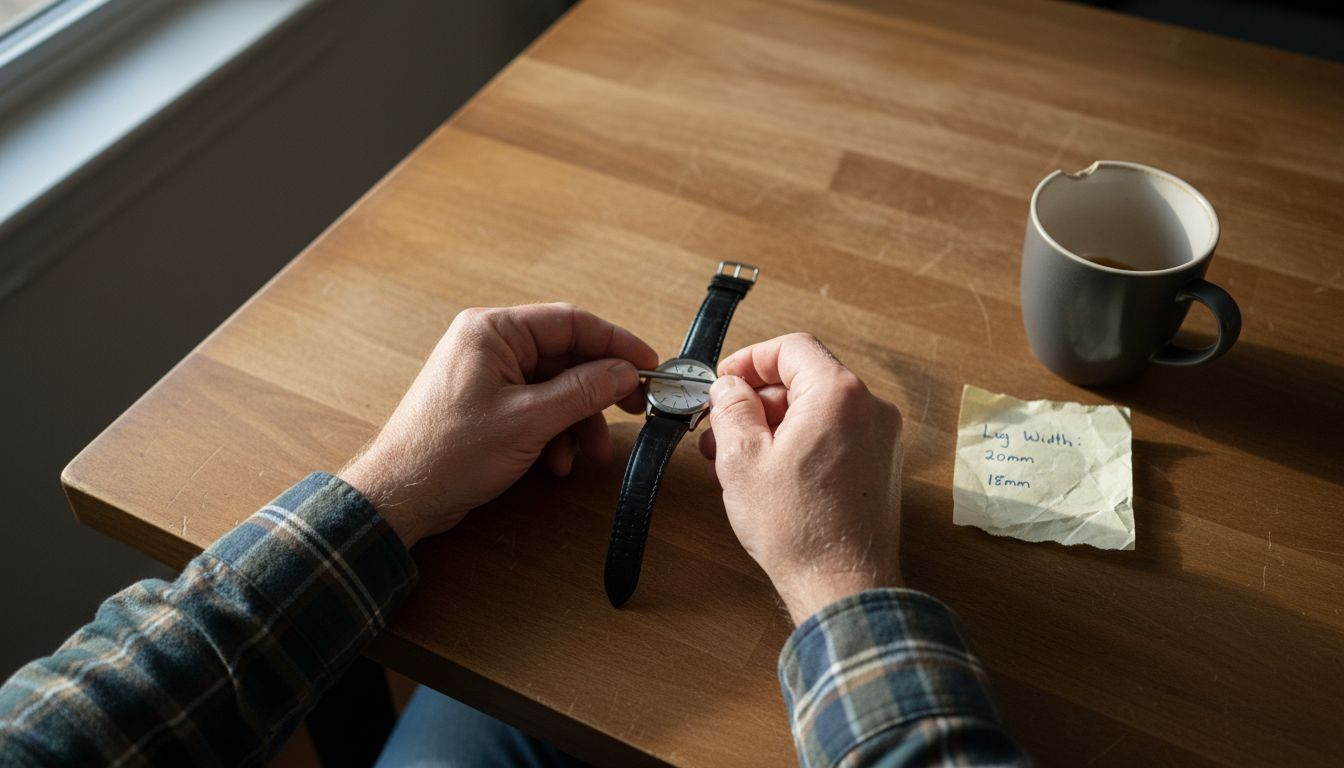 Overhead view of watch strap removal workspace
