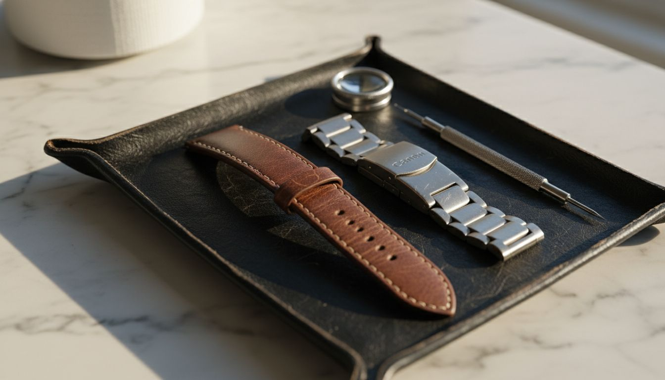 Close-up of leather and steel straps