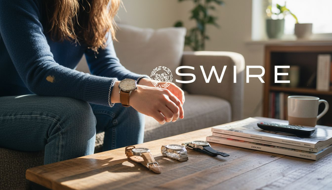 Woman compares watch straps in living room