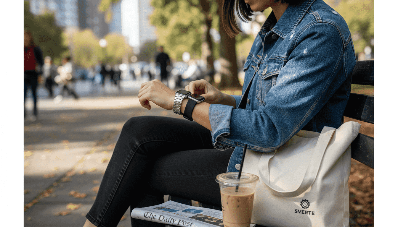 Woman wearing two smartwatches with modular dual-strap