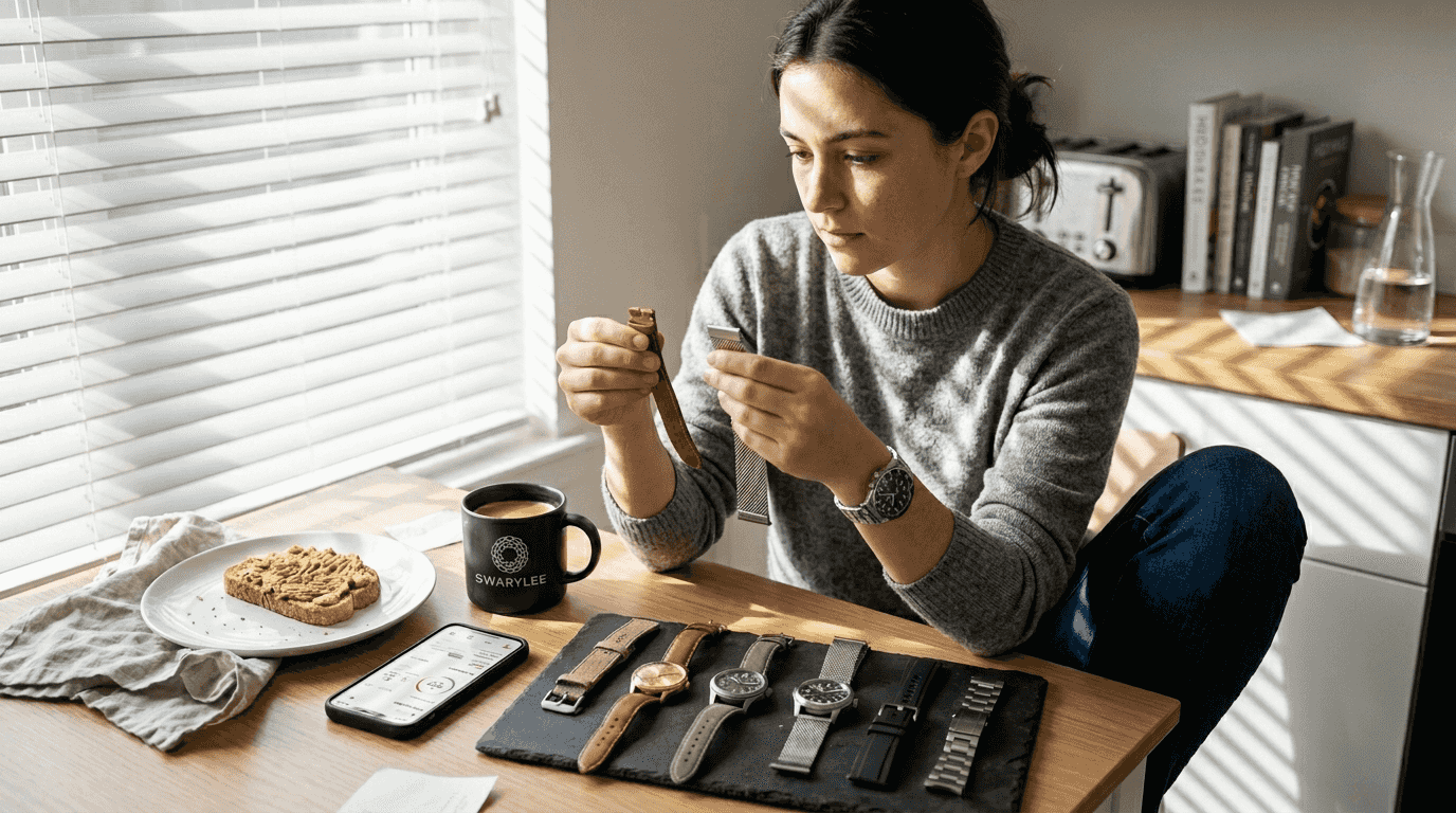 Femme choisissant parmi des bracelets de montre modulaires
