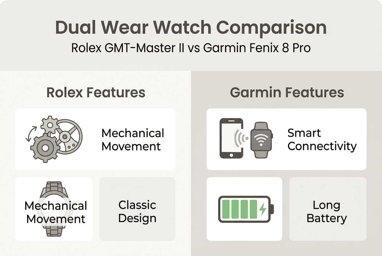 Infographic comparing Rolex and Garmin features