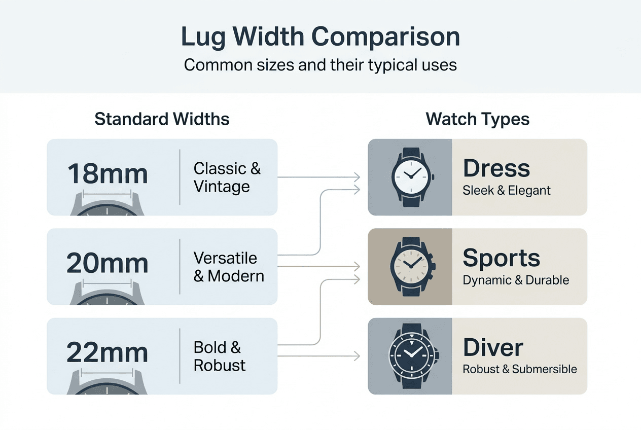 Infographic comparing watch lug widths and uses