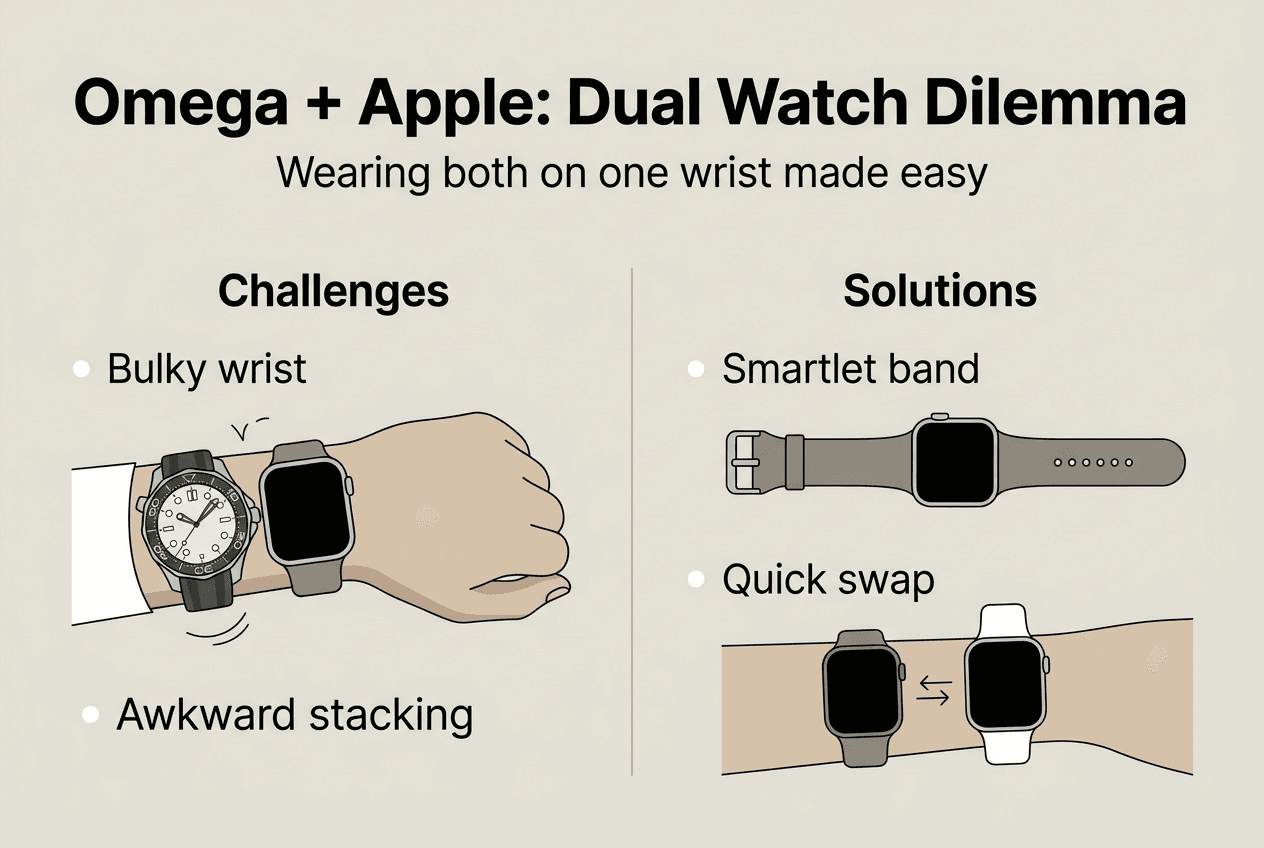 Infographic displaying dual watch challenges and fixes