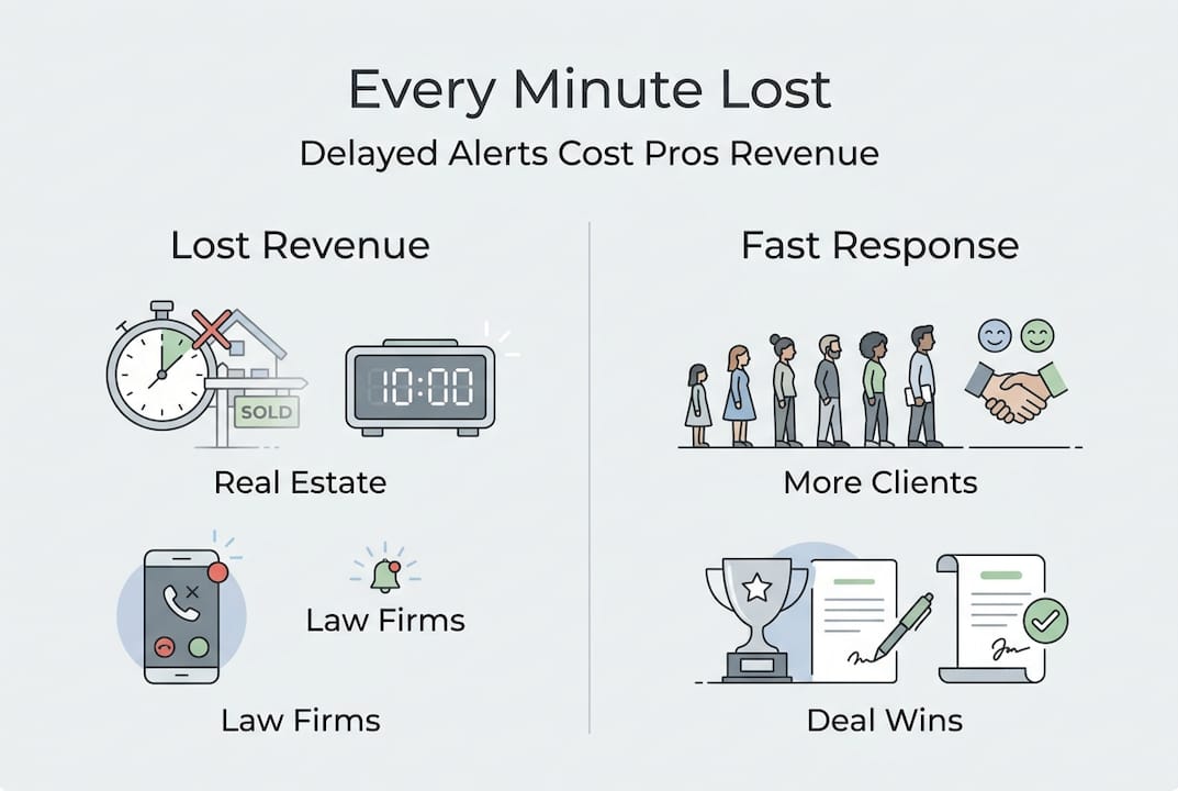 Infographic showing revenue lost by notification delay across professional industries