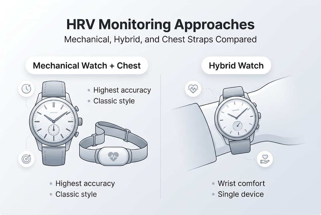 Infographic comparing HRV monitoring methods: chest strap vs hybrid vs smartwatch