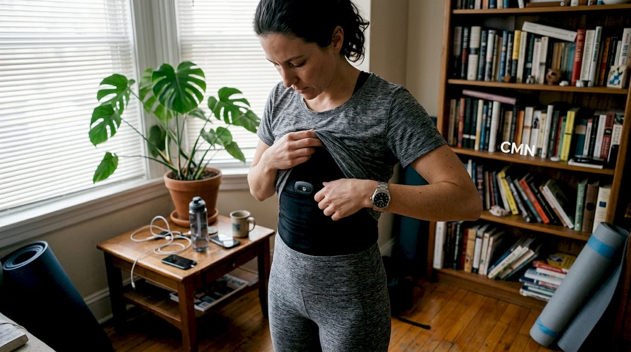 Woman fits chest strap sensor while wearing mechanical watch