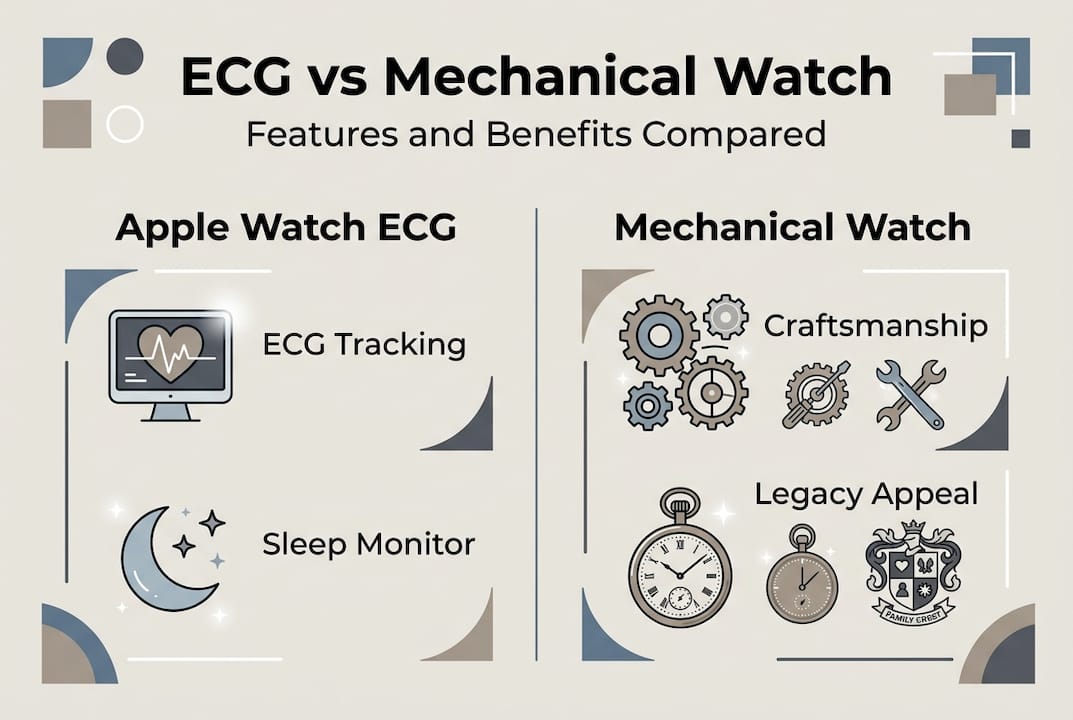 Infographic comparing Apple Watch ECG and mechanical watch features