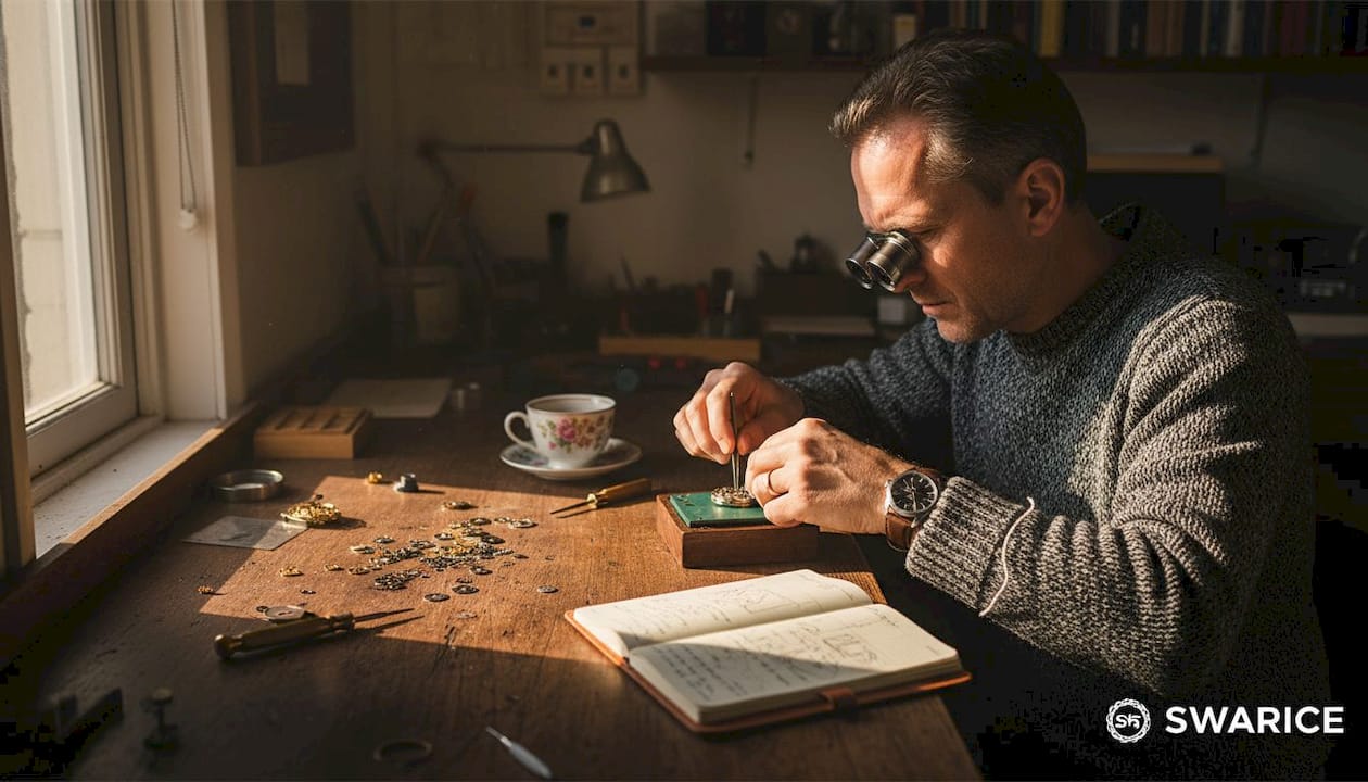 Watchmaker assembling a mechanical movement by hand