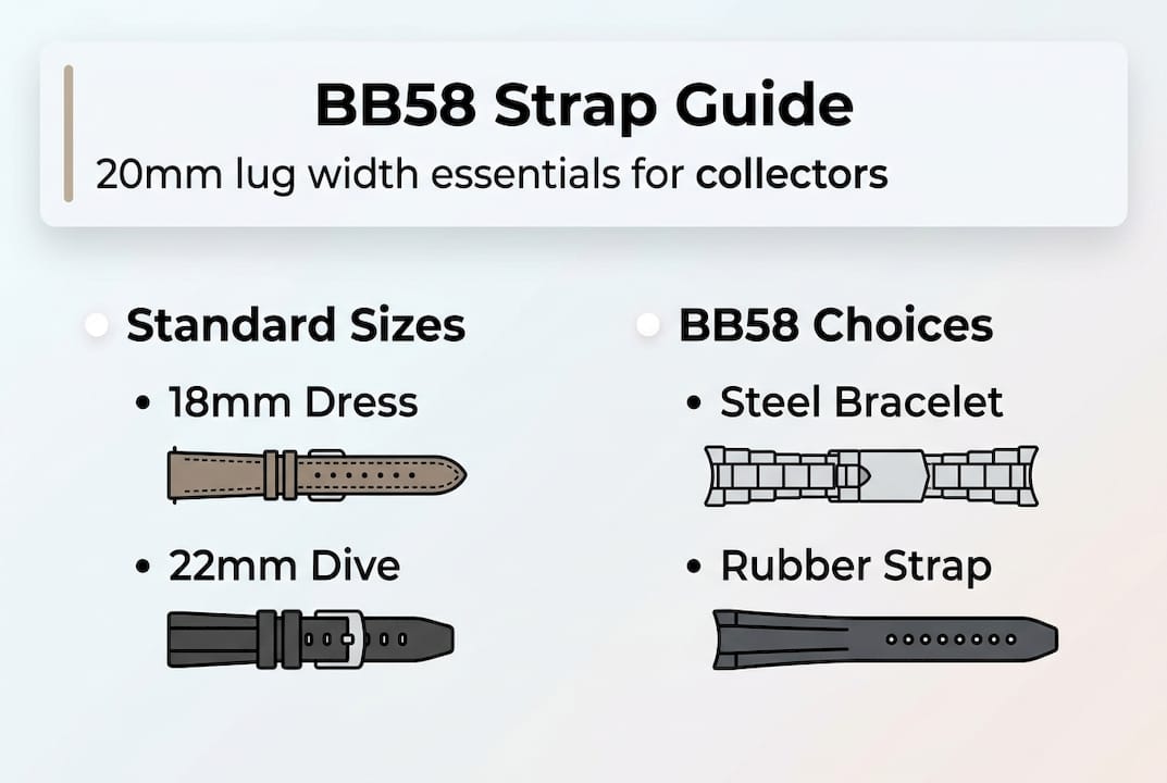 Infographic illustrating Black Bay 58 strap options and lug width dimensions