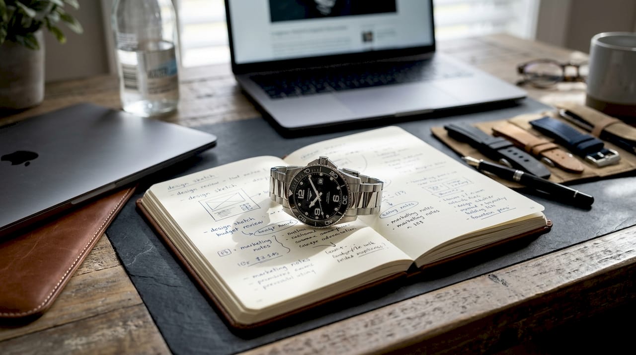 Longines HydroConquest watch on home office desk