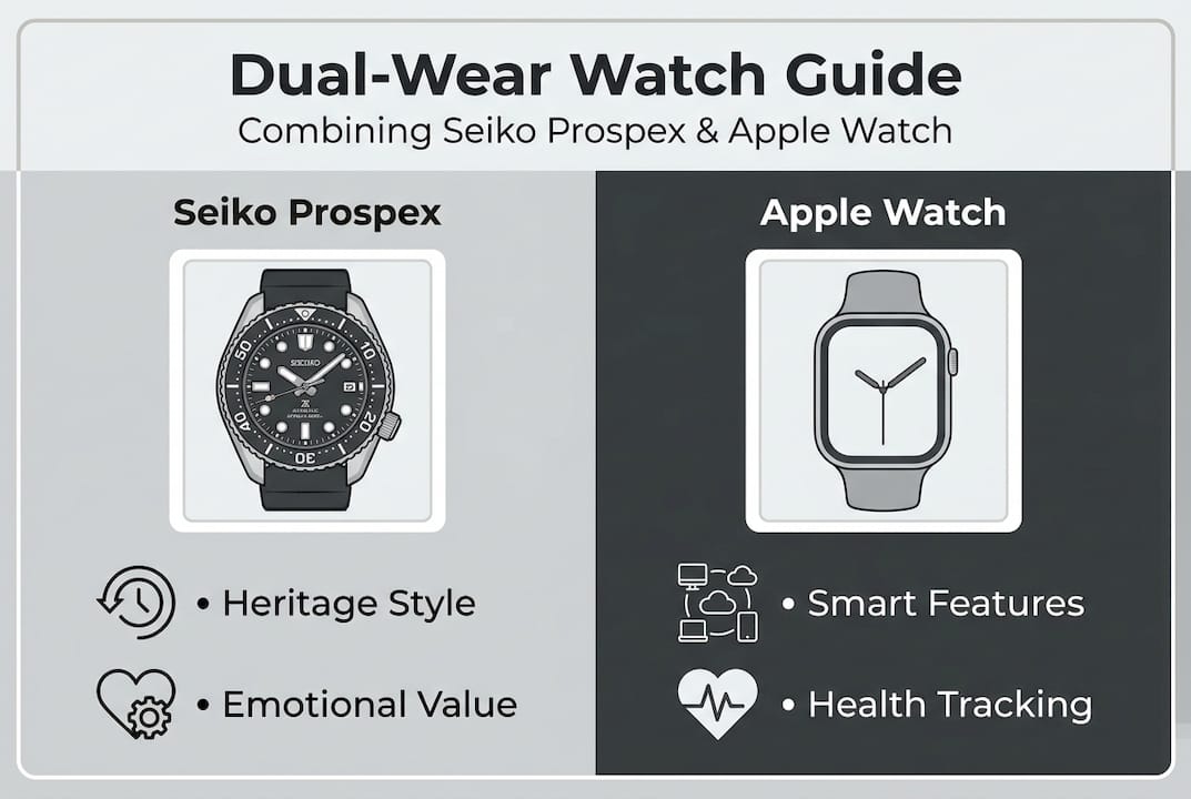 Infographic comparing Seiko Prospex SPB143 and Apple Watch features for dual-wear collectors