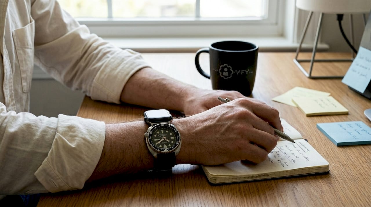 Close-up of Seiko Prospex and Apple Watch stacked on wrist using Smartlet adapter