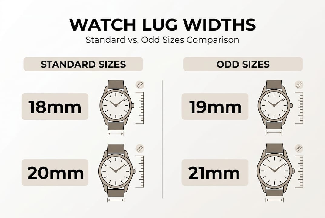 Infographic comparing standard and odd lug widths across watch categories