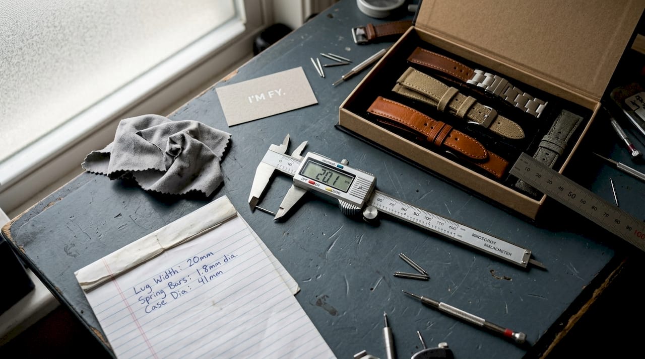 Watch tools and digital caliper on desk for measuring lug width