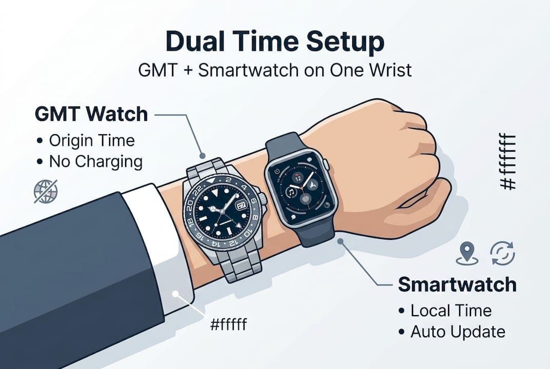 Infographic showing dual time zone setup with GMT watch and smartwatch