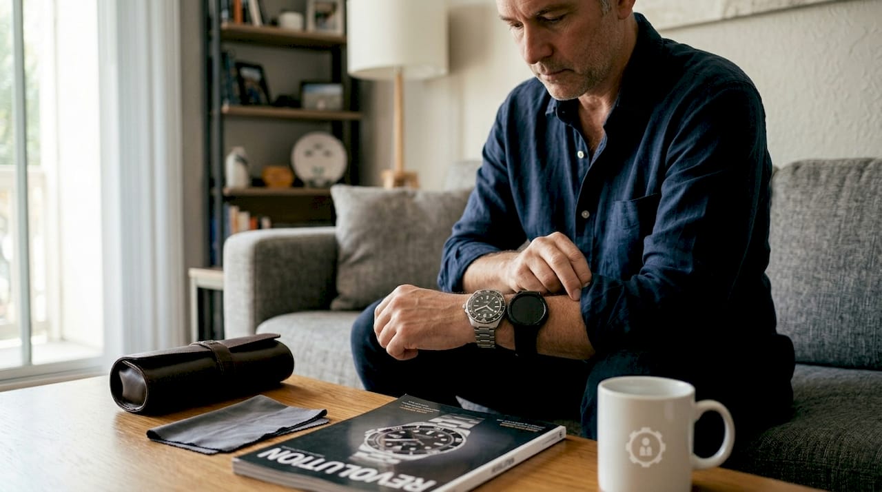 Collector using TAG Heuer Aquaracer and Galaxy Watch on one wrist