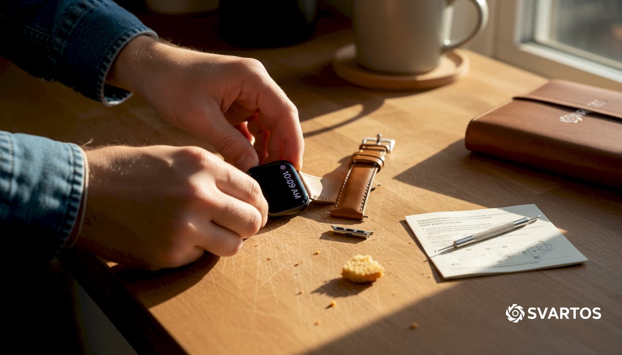 Hands attaching strap adapter to Apple Watch