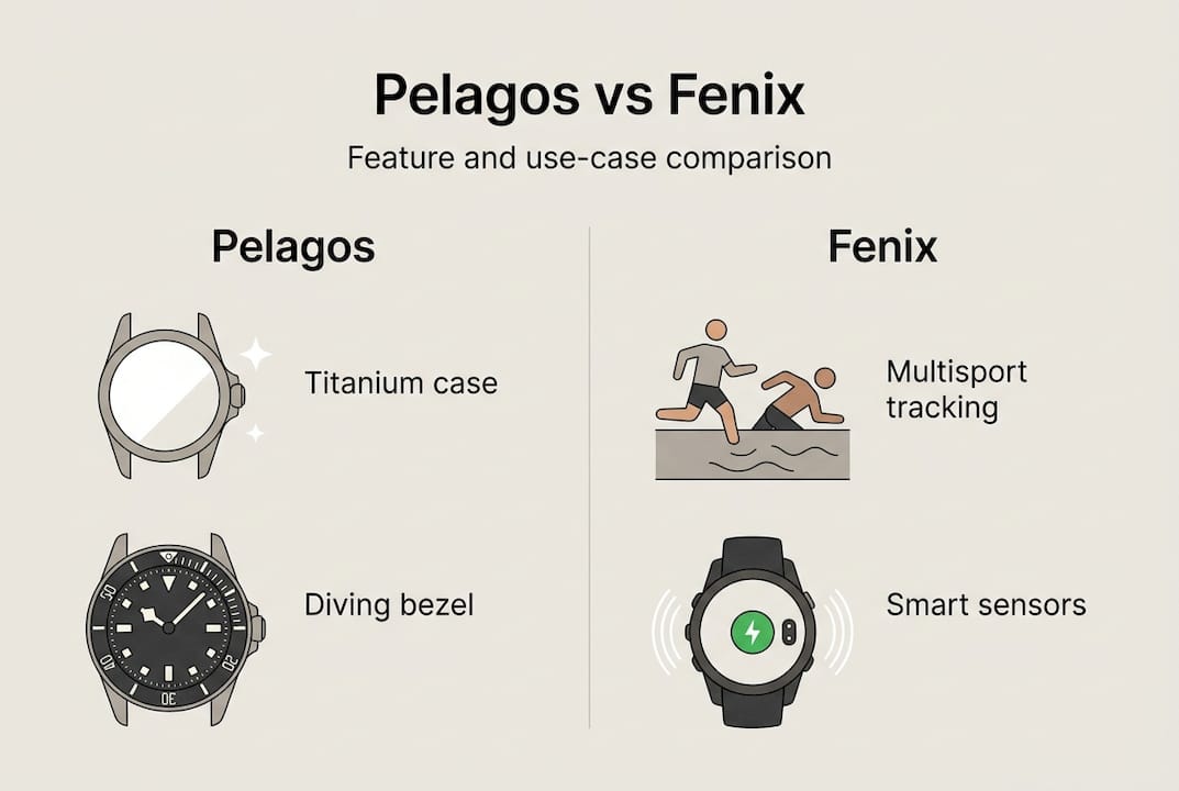 Comparison infographic Tudor Pelagos and smartwatch for diver-athletes
