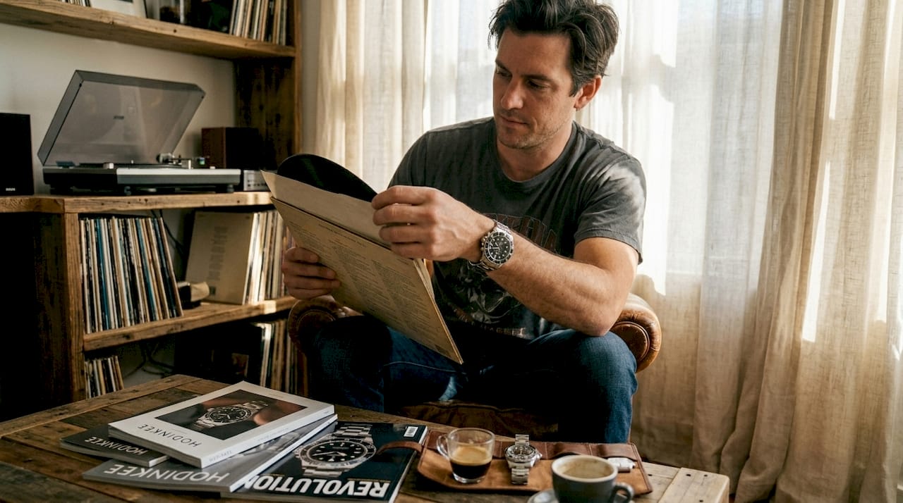 Watch collector double-wristing at home