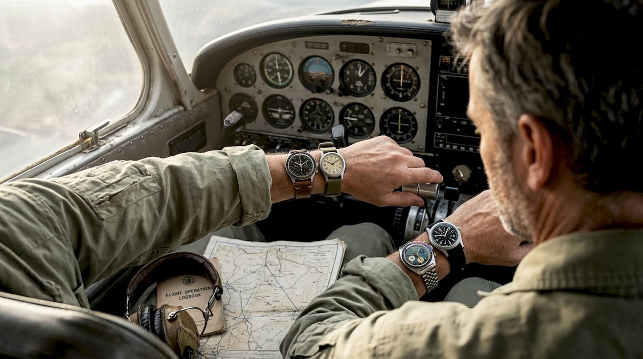 Pilot double-wristing in vintage airplane cockpit