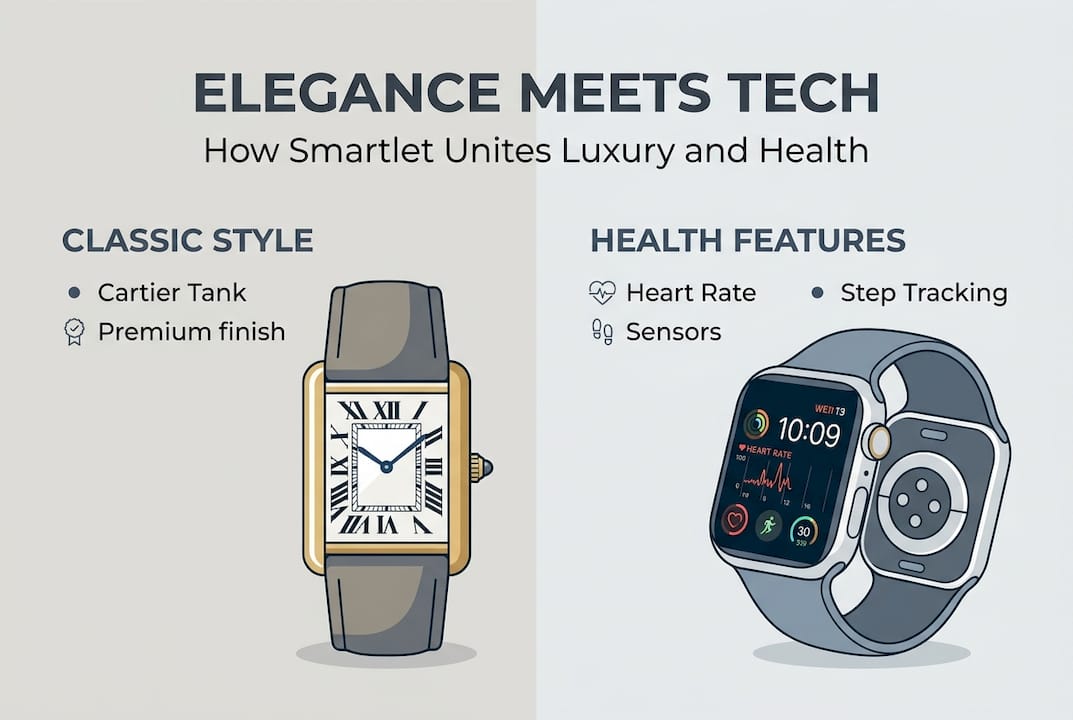 Infographic showing Cartier Tank and Apple Watch features