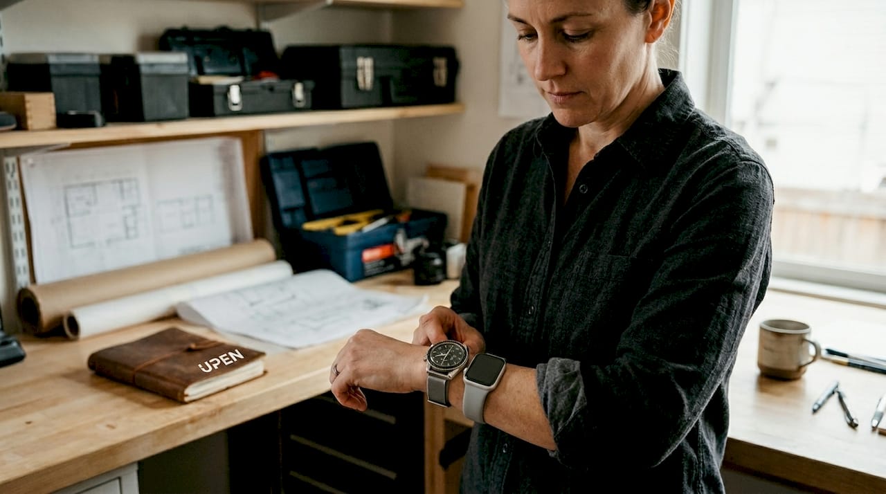 Collector checking dual watch setup with Speedmaster and Apple Watch at standing desk