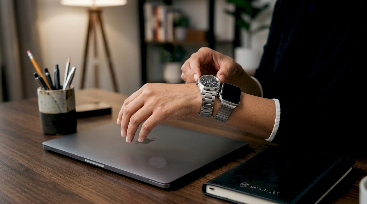 Woman adjusting dual watches on same wrist using Smartlet modular strap adapter