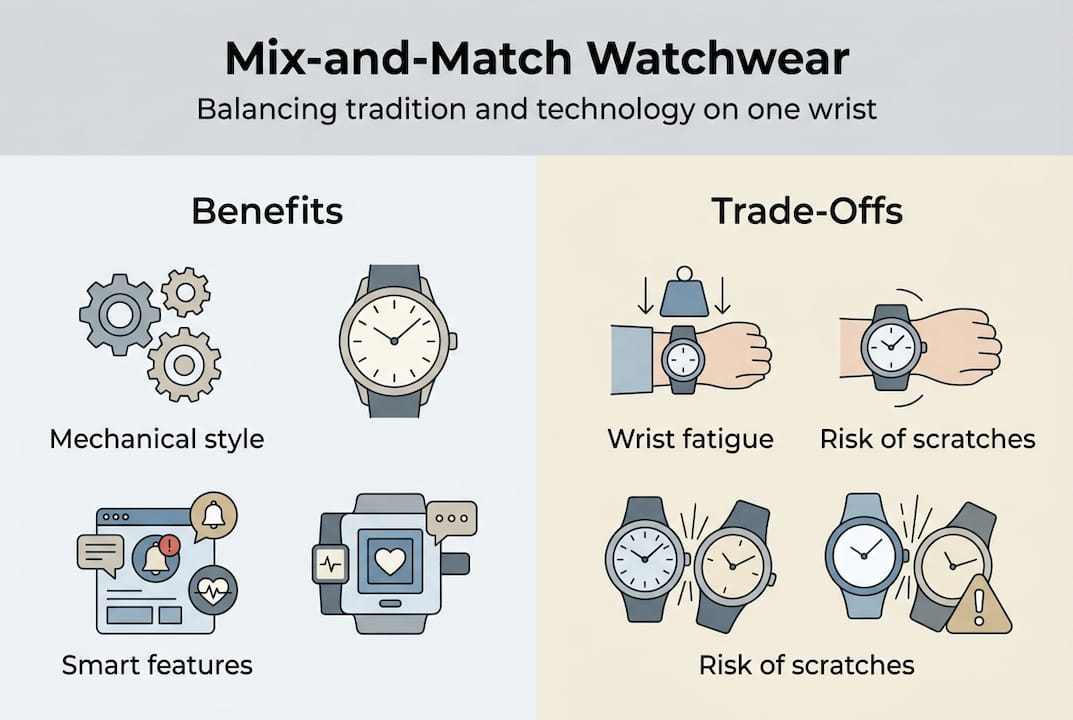 Infographic showing benefits and trade-offs of dual watchwear