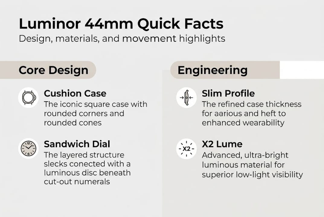 Infographic highlighting Luminor 44mm specs features