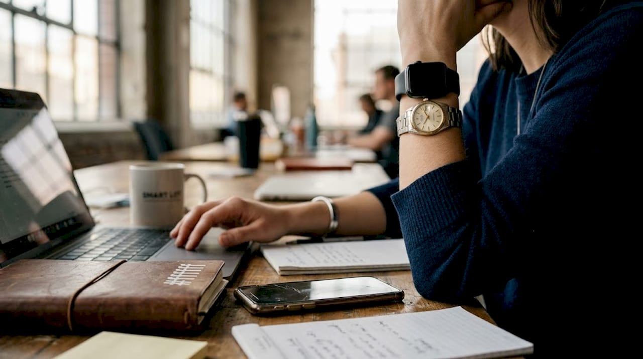 Stacked vintage and smartwatches on modular bracelet