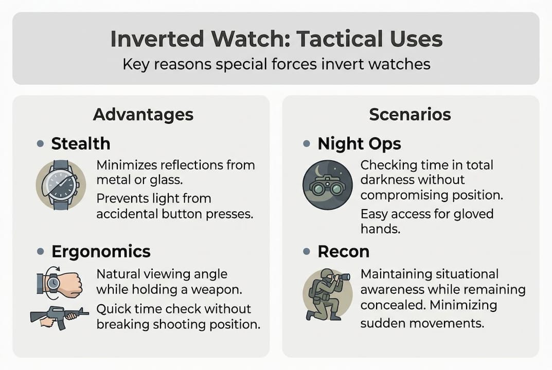 Infographic on tactical inverted watch uses