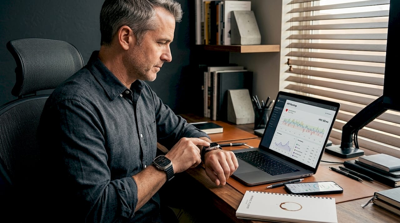 Man reviews HRV data at home desk