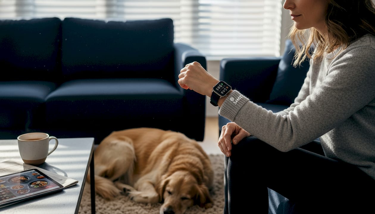 Woman checks hybrid watch in living room