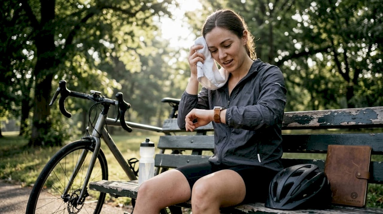 Cyclist checking dual-watch strap after ride