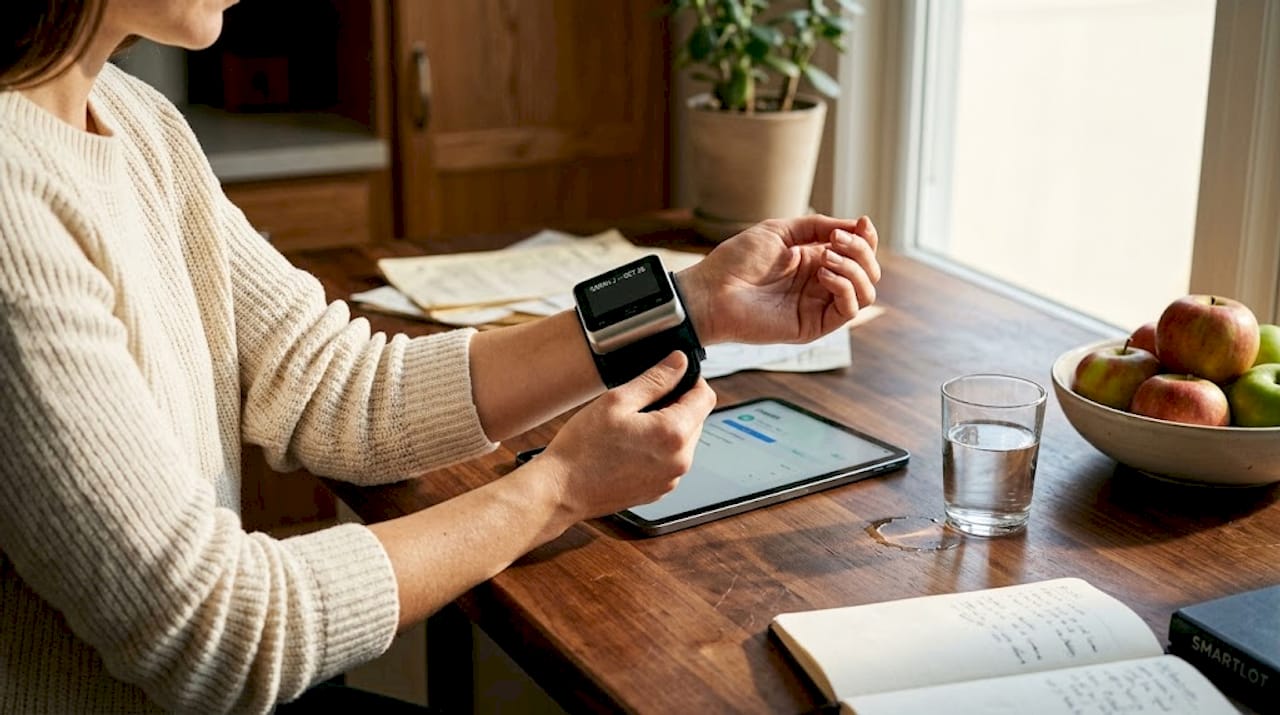 Woman fitting wrist blood pressure monitor