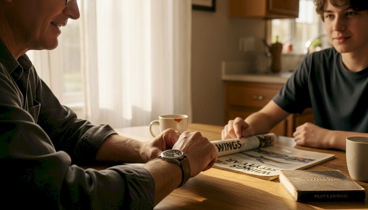 Retired pilot sharing watch with family, illustrating the heirloom value of mechanical pilot watches