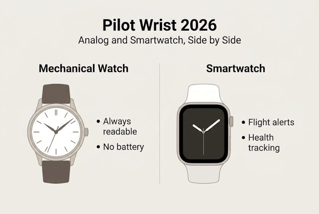 Infographic showing analog versus smartwatch pilot wrist setup in 2026